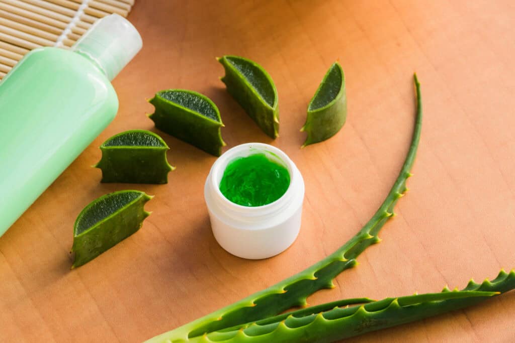 Pure Aloe Vera Gel with Dead Sea Minerals and Aloe Leaves.