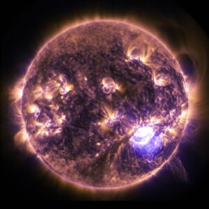 Close-up of the sun showing solar flares and prominences.